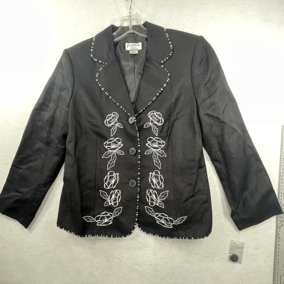 NEW Mary McFadden Black Linen Blend Womens Size 10 P Floral Embroidered Blazer - Picture 5 of 14